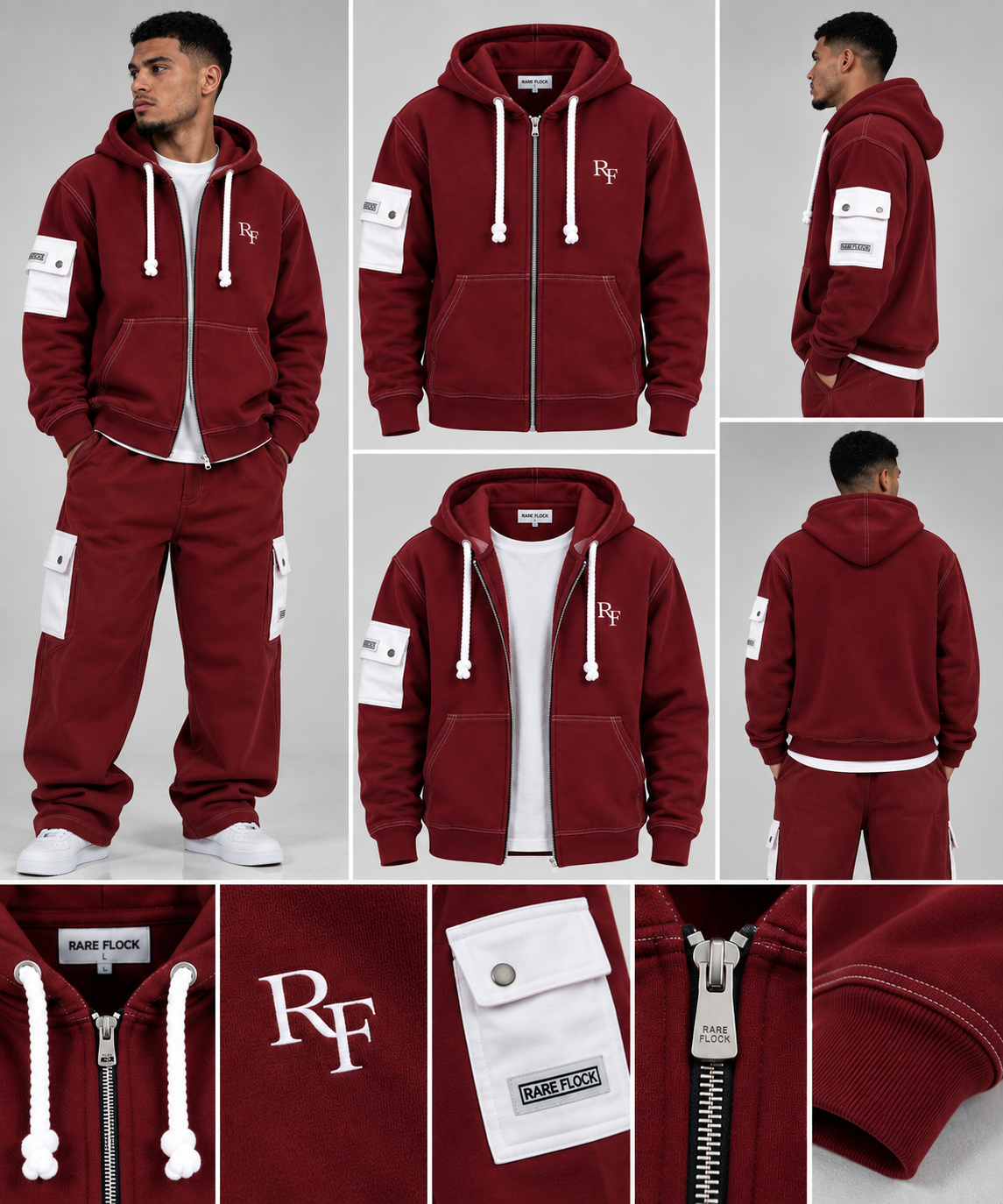 RARE FLOCK Burgundy Utility Zip-Up Hoodie