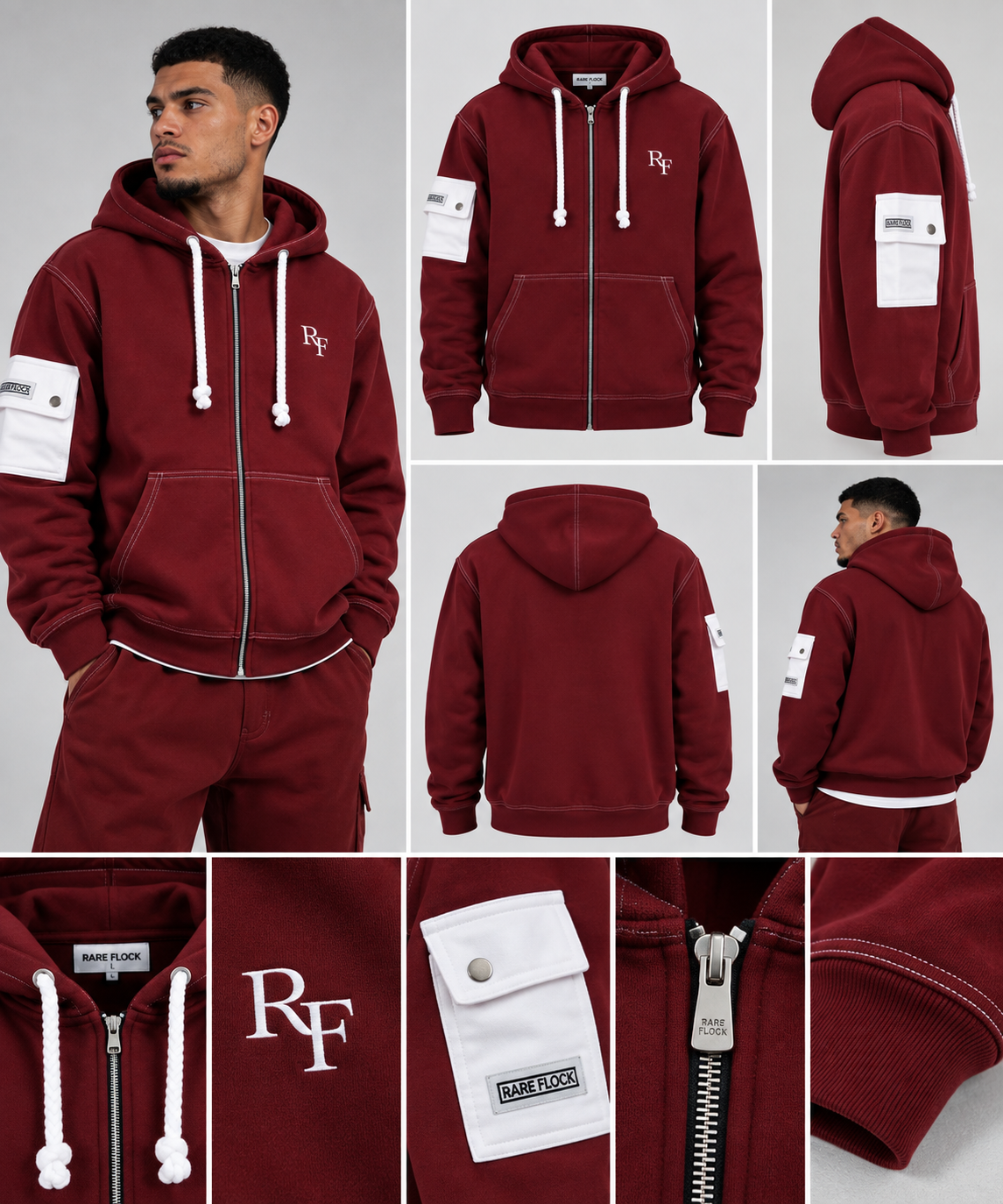 RARE FLOCK Burgundy Utility Zip-Up Hoodie